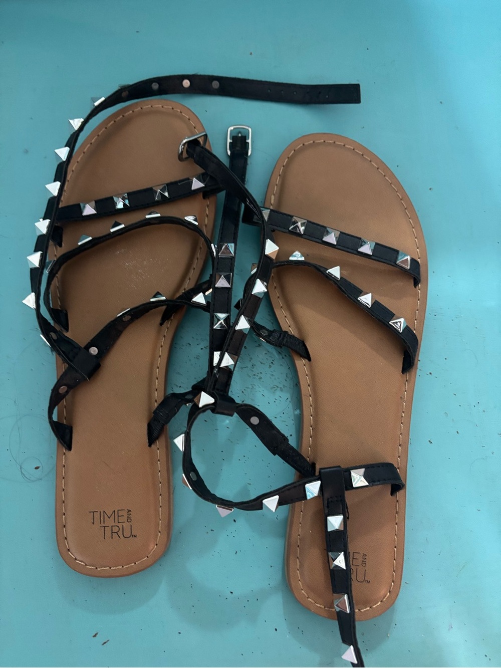 Time and Tru Black Pyramid-Stud Strappy Sandals